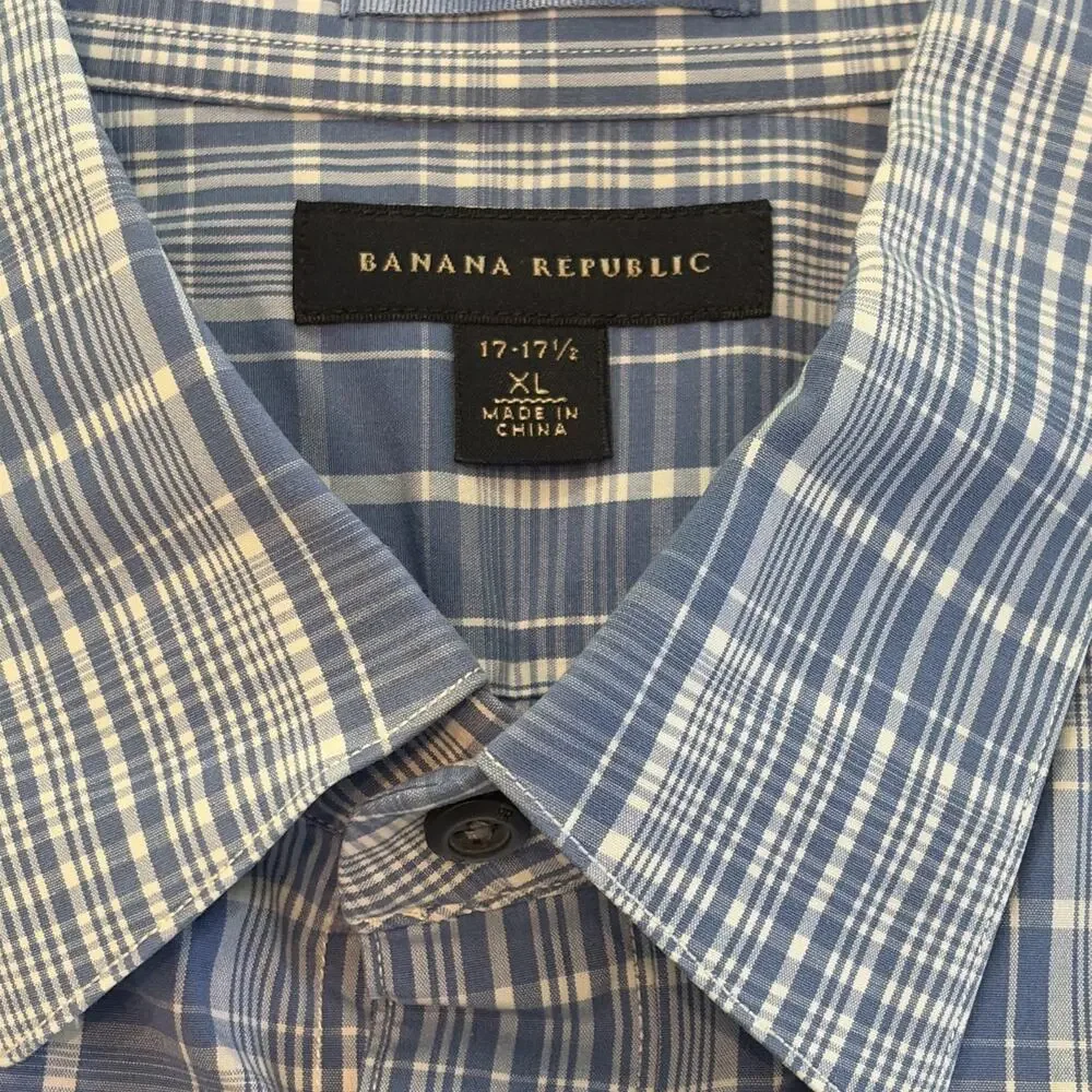 Banana Republic Men's XL Shirt Blue Plaid Button Down Short Sleeve 17-17.5
